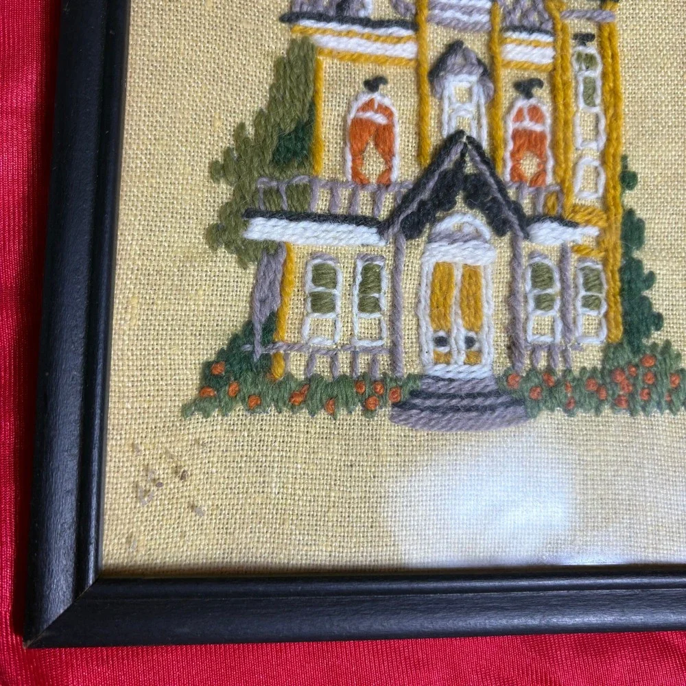 Vtg Handmade Crewel Embroidery Needlework Trio Victorian House Daisies Carriage